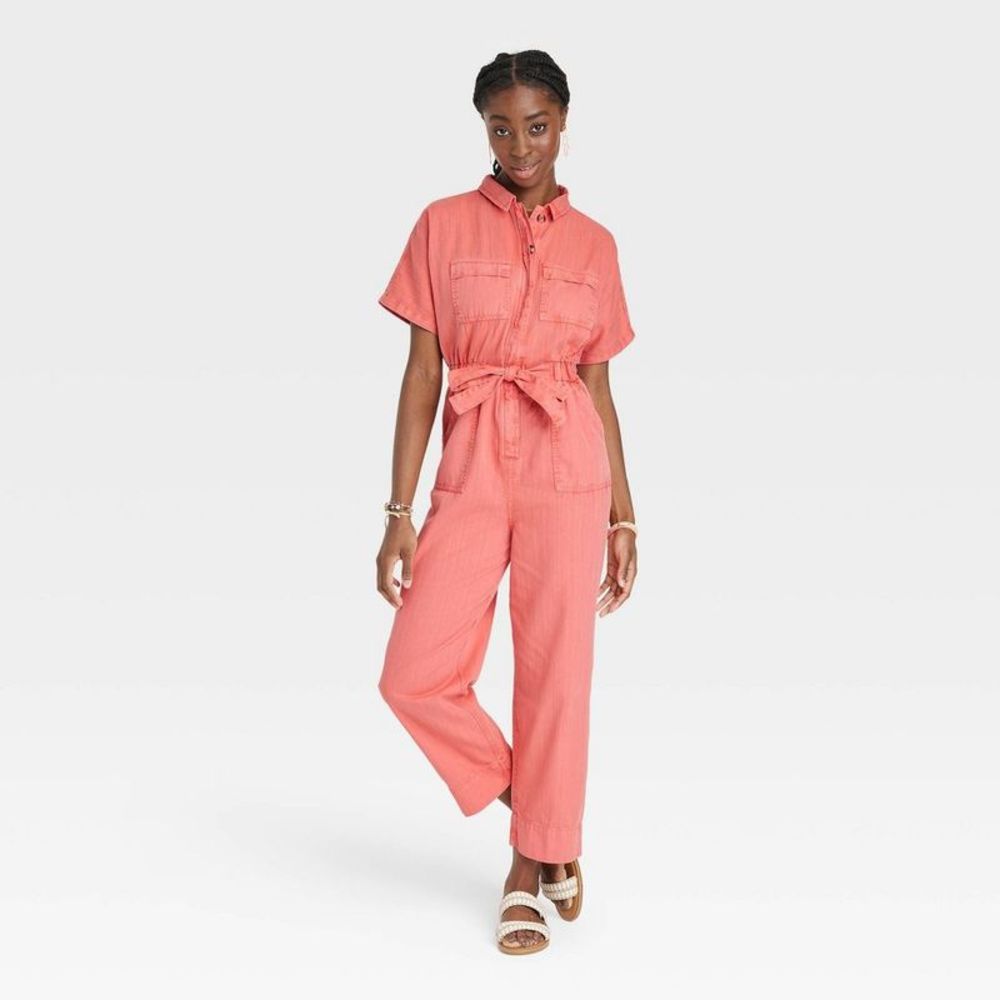 Women's Short Sleeve Button-Front Boilersuit - Universal Thread Red 4